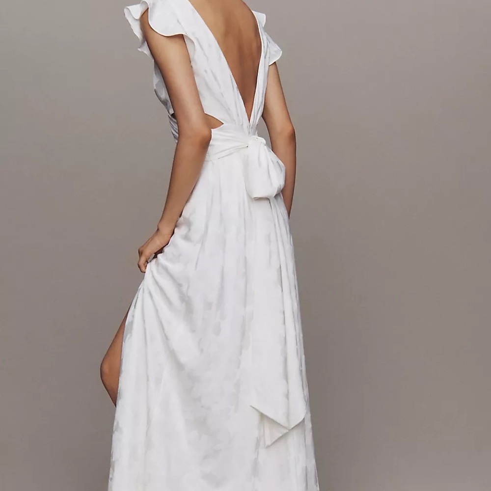 BHLDN White Plunge Neck Flutter Sleeve Gown